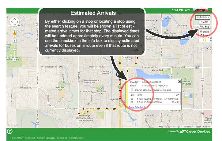 Estimated Arrivals - By either clicking on a stop or locating a stop using the search feature, you will be shown a list of estimated arrival times for that stop.  The displayed times will be updated approximately every minute. You can use the checkbox in the info box to display estimated arrivals for buses on a route even if that route is not currently displayed.